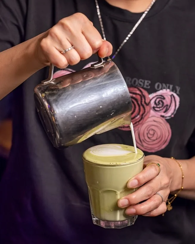 Matcha latte being poured at VietGarden Cafe Richlands Brisbane